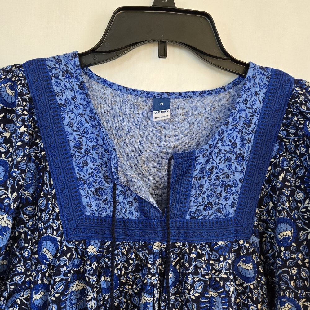 Old Navy Women's Blue Floral Boho‎ Puff-Sleeve Summer Mini Swing Dress Medium - Picture 2 of 9